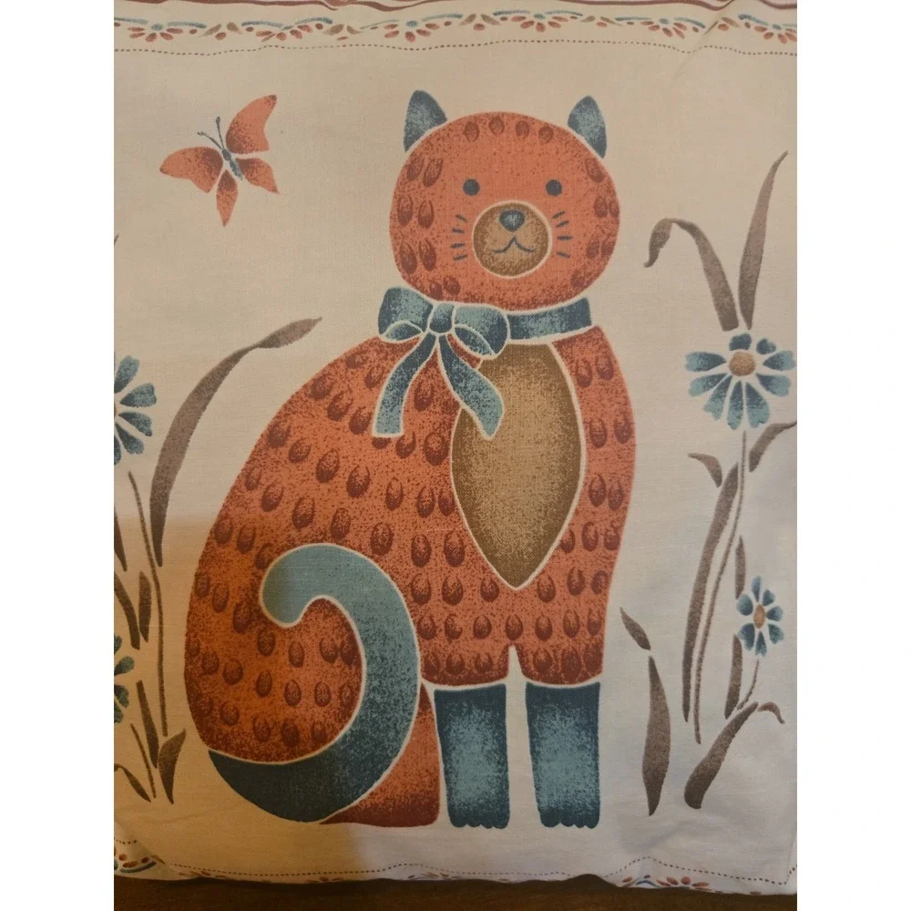 Vintage Kitschy Stencil Cat Pillow Square Ditsy 90s Colors Butterfly
